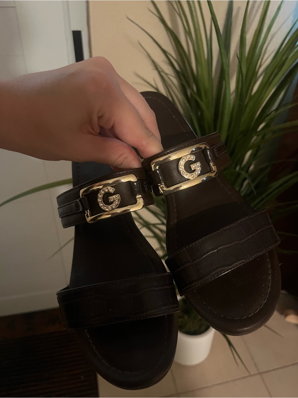 Guess Black Slide Sandals with Gold G Emblem